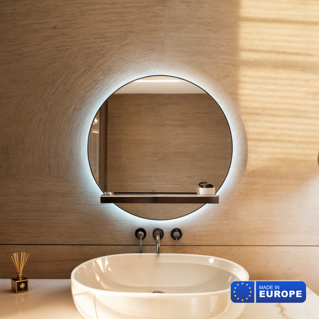 Circle of Light - Round Illuminated Mirror with Shelf